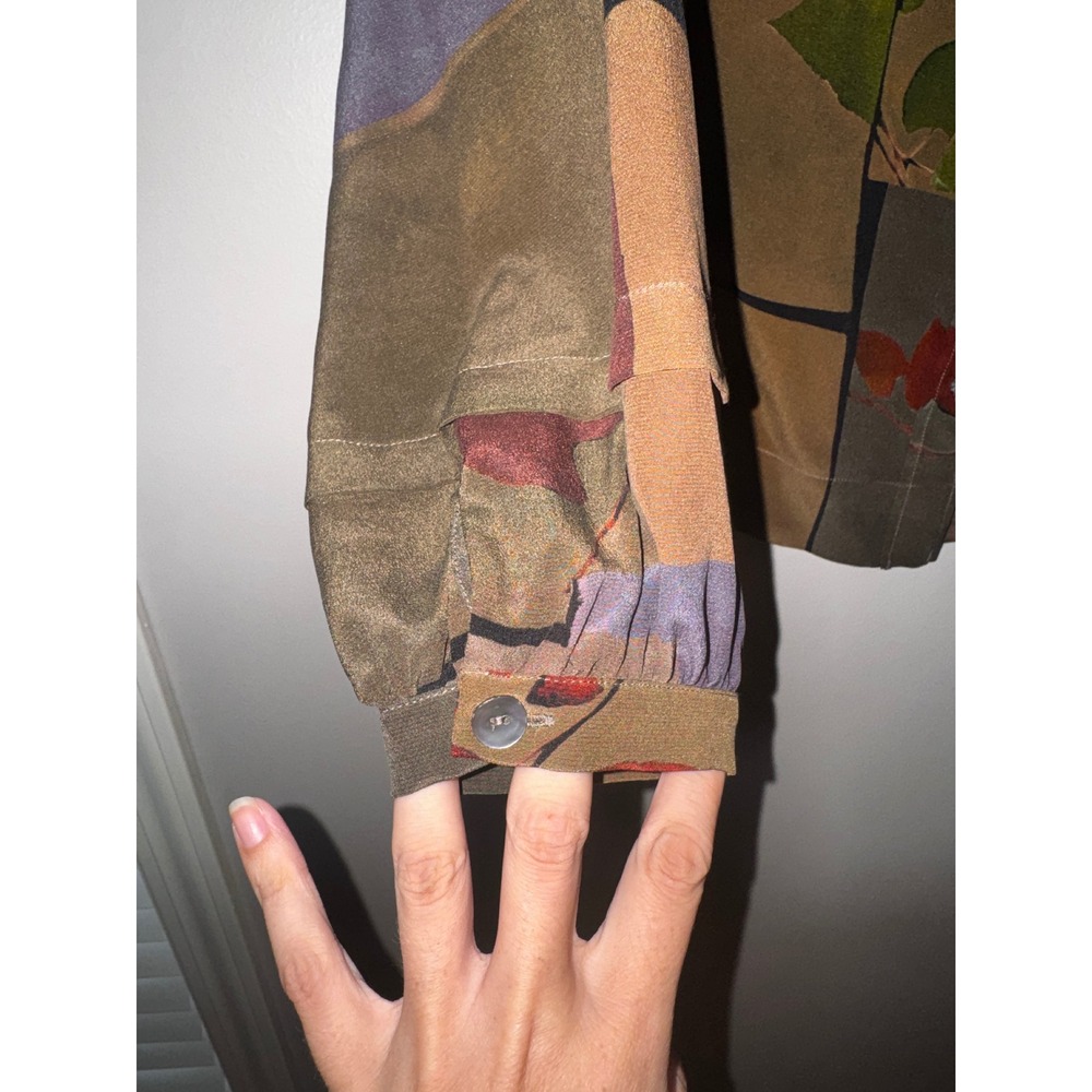 Poetry 100% Silk Artistic Abstract Floral Print Blouse Brown Olive US 12 - Picture 2 of 6